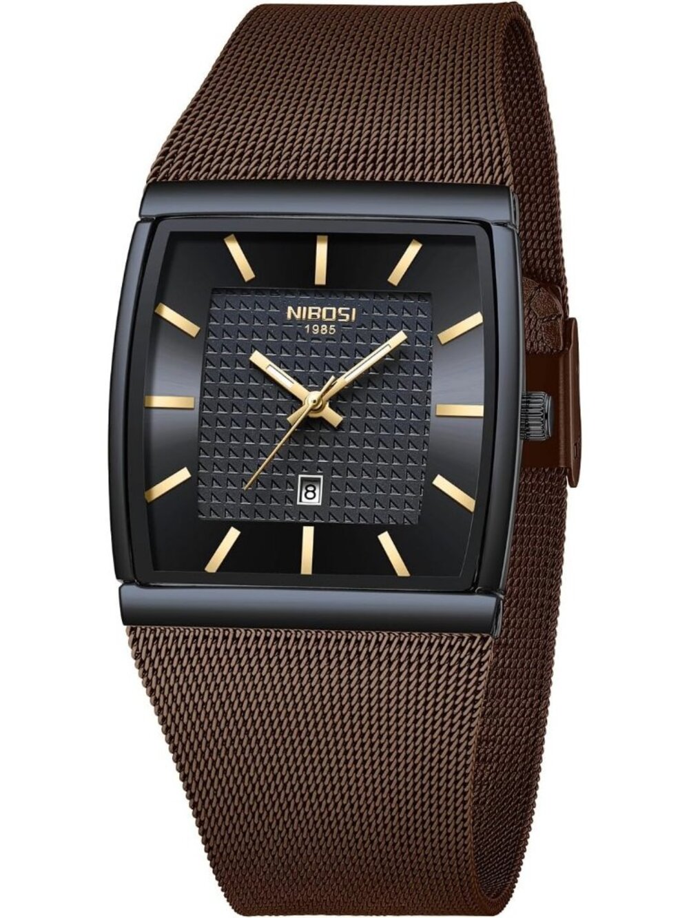 Nibosi Men's Brown Black Square Analog Quartz Stainless Mesh Waterproof Watch